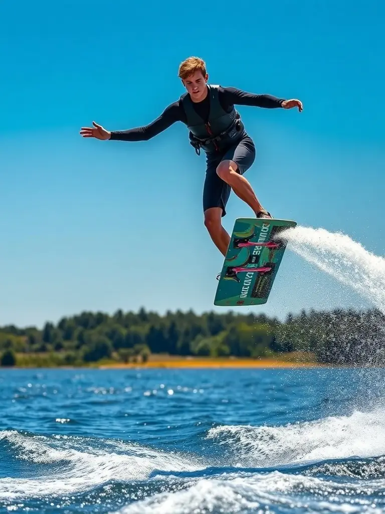 A dynamic shot of a wakeboarder performing a trick, showcasing the thrill and skill development offered by FSNC.