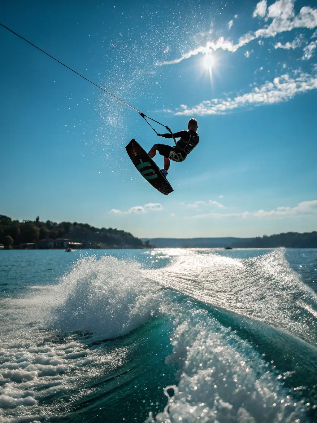 A dynamic action shot of a wakeboarder performing a trick on the water, showcasing the excitement and skill involved in wakeboarding at FSNC.