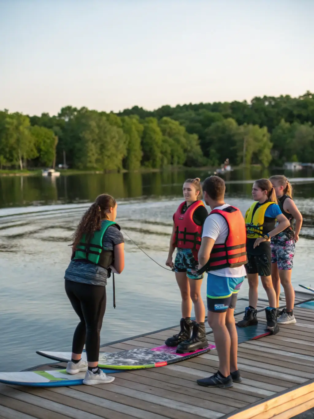 A serene image of a waterskier gliding smoothly across the water, with the FSNC boat creating a gentle wake, highlighting the grace and skill of waterskiing.
