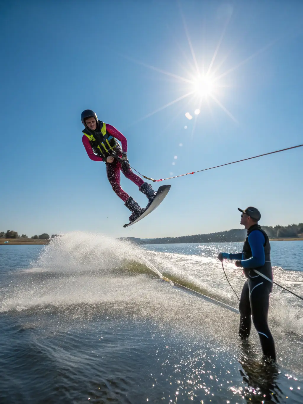 A serene image of a waterskier gliding across a calm lake at sunrise, emphasizing the grace and beauty of waterskiing at FSNC.