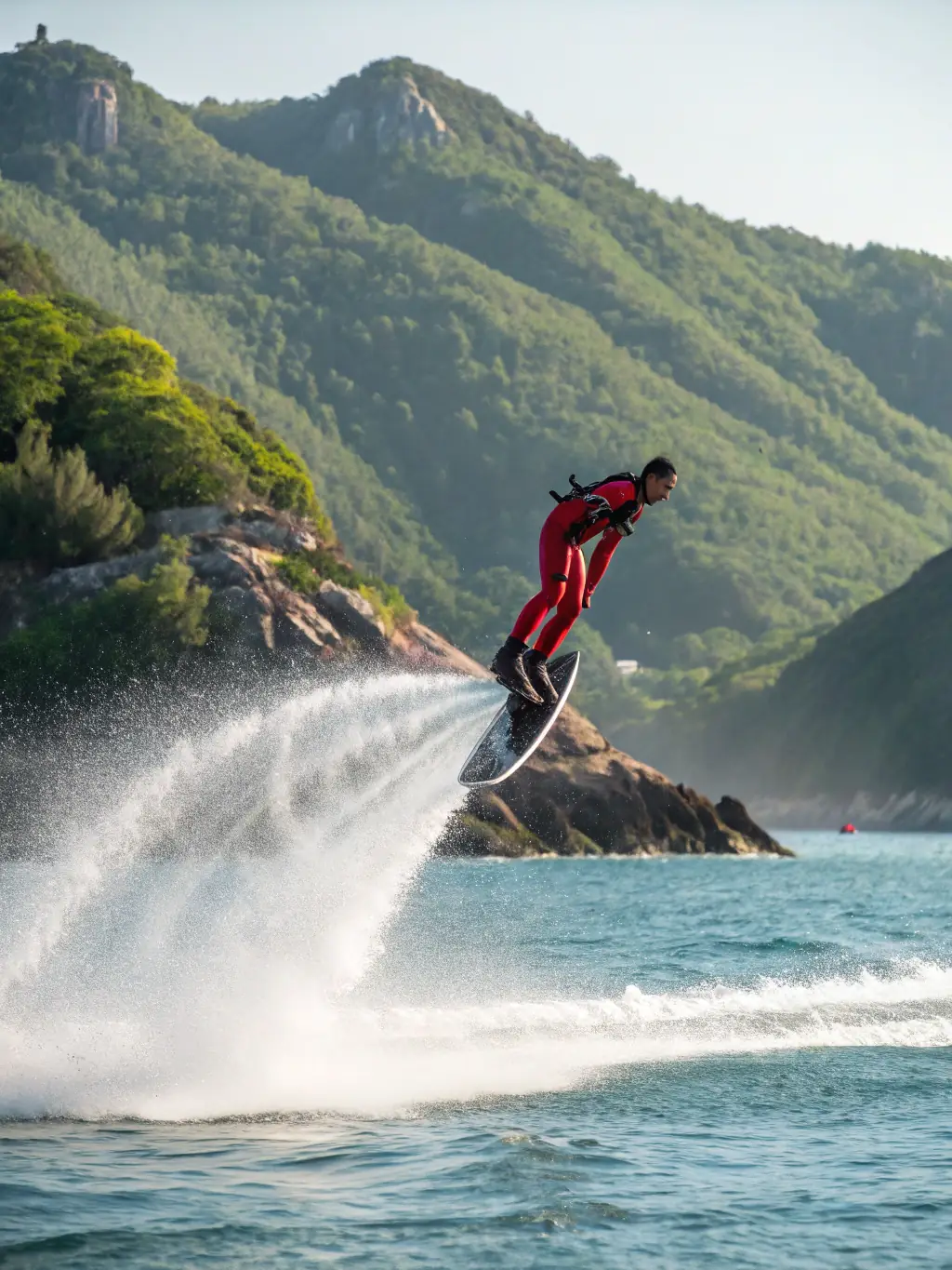 A dynamic shot of a wakeboarder performing a trick mid-air, with the FSNC boat pulling them across a clear lake, showcasing the thrill of wakeboarding.
